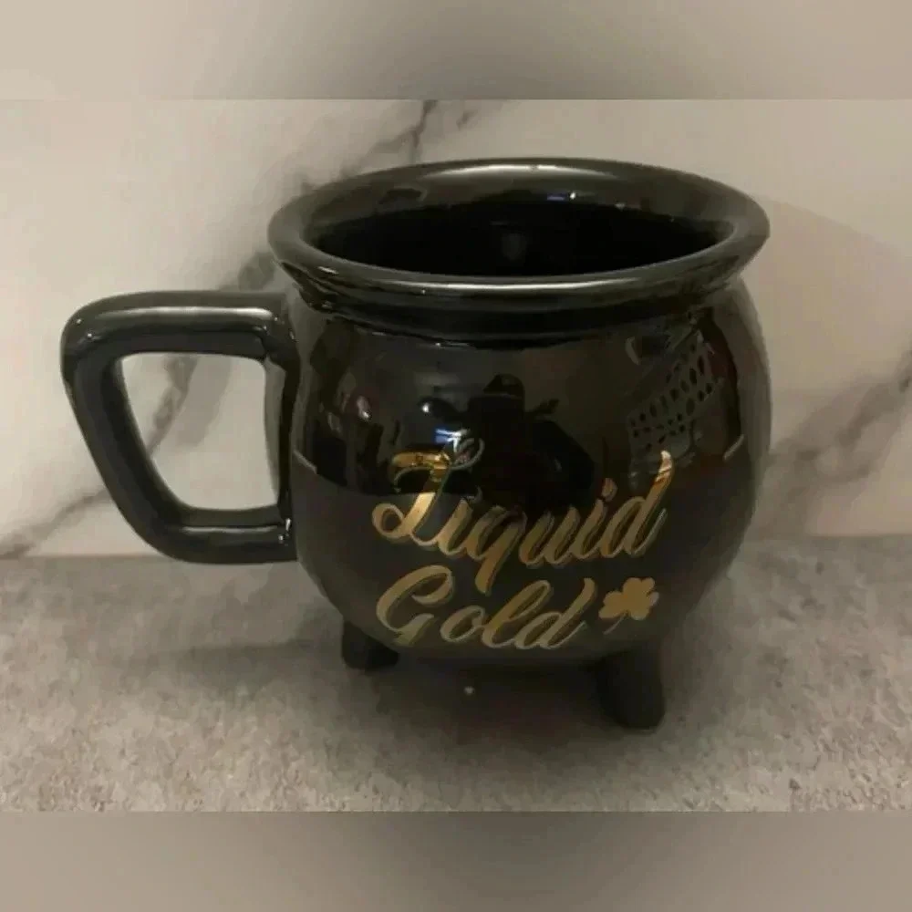 NWT Liquid Gold Black Coffee Tea Mug Gold Tone Lettering Pot of Gold - Picture 1 of 3